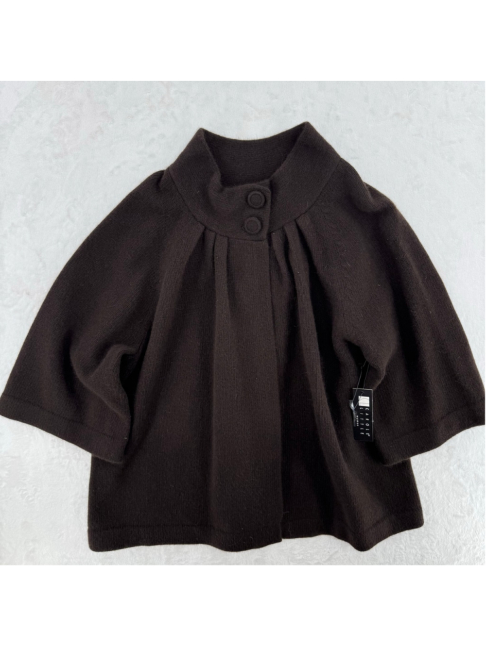 Dark Brown Cape Sweater by Carole Little Wool Angora Blend Mock Neck 3/4 Sleeve